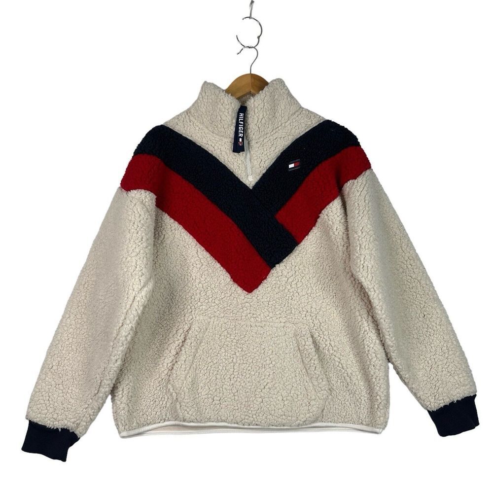 Tommy Hilfiger Sport Sherpa Fleece Pullover Women’s L‎ White Red Navy Colorblock